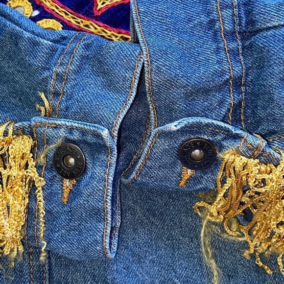 Custom Denim Jean Jacket Shacket Mandala Festival Fringe Embroidered Bohemian Me - Picture 4 of 8